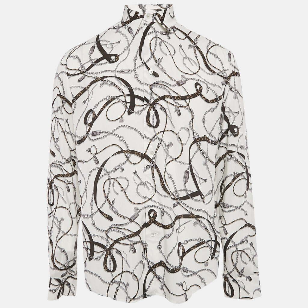 Louis Vuitton White Chain and Belt Print Crepe Shirt M