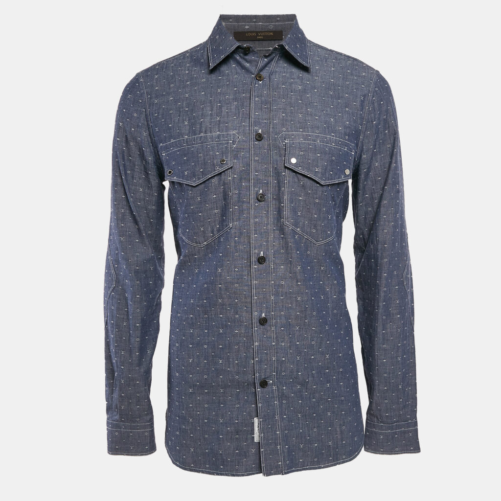 luxury-men-louis-vuitton-used-clothes-p1123953-003 Louis Vuitton Blue Monogram Dobby Denim Button Front Shirt M