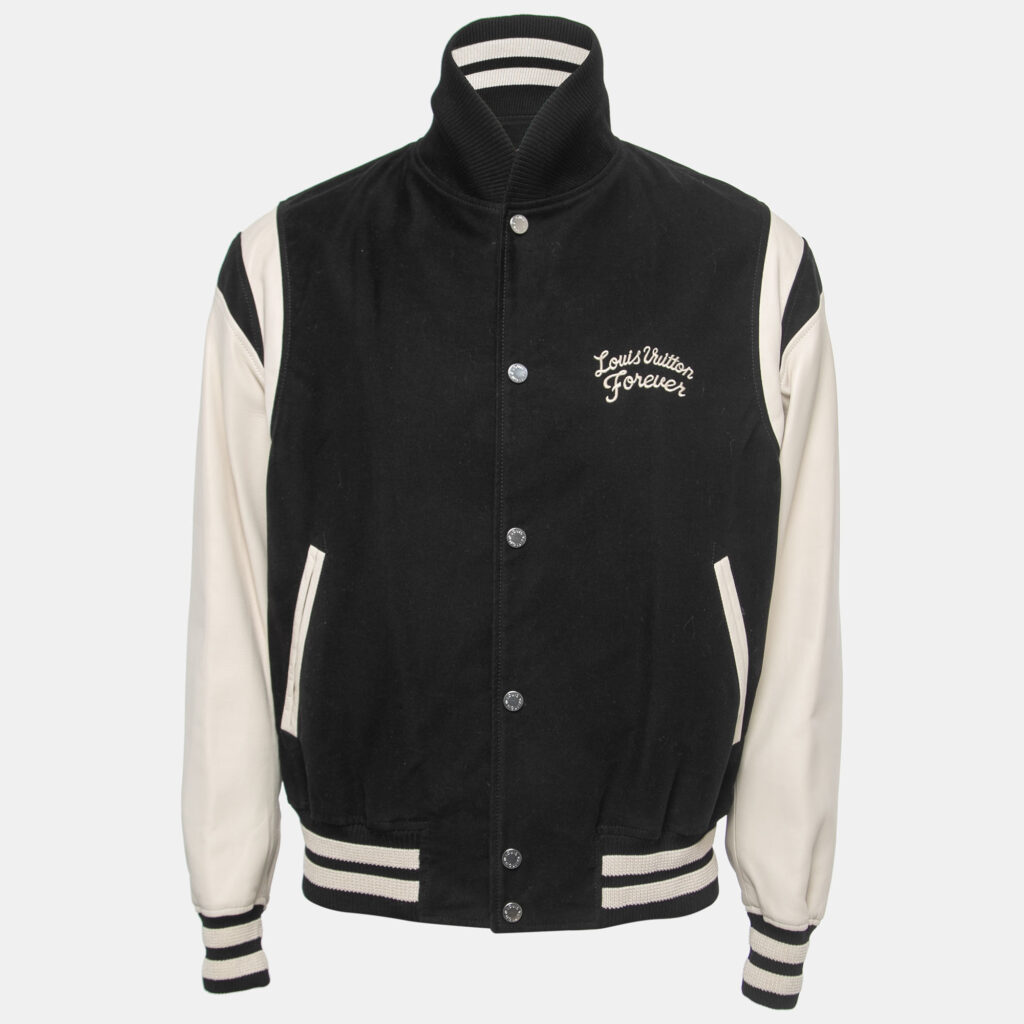 luxury-men-louis-vuitton-used-clothes-p851544-007 Louis Vuitton Black/White Lambskin Leather Varsity Jacket L