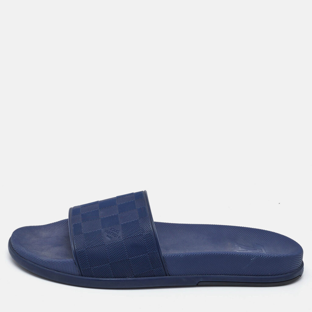 luxury-men-louis-vuitton-used-shoes-p1141510-010 Louis Vuitton Blue Damier Embossed Rubber Waterfront Flat Slides Size 45