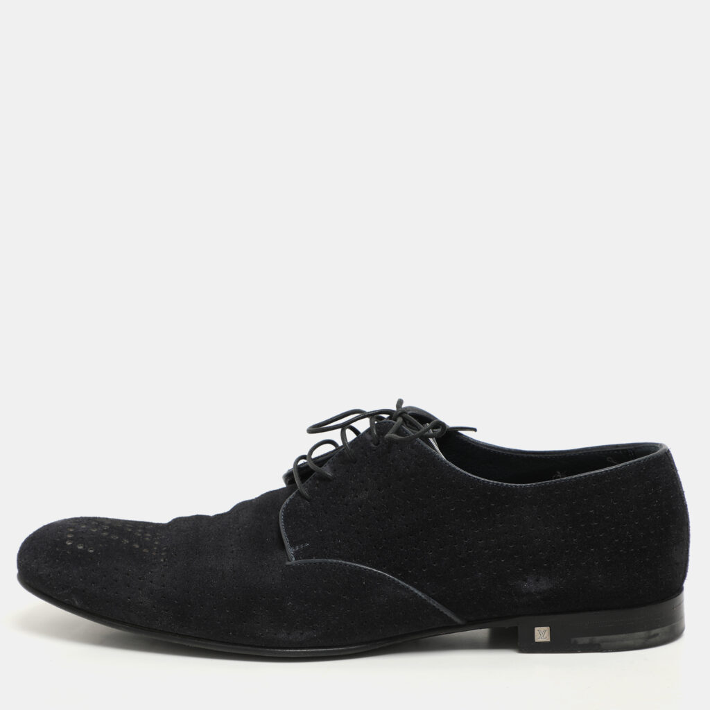 luxury-men-louis-vuitton-used-shoes-p1149385-007 Louis Vuitton Dark Navy Blue Perforated Suede Solferino Derby Size 42