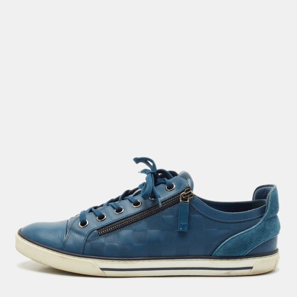 luxury-men-louis-vuitton-used-shoes-p1156147-003.jpg Louis Vuitton Blue Damier Embossed Leather Challenge Zip Up Sneakers Size 42.5
