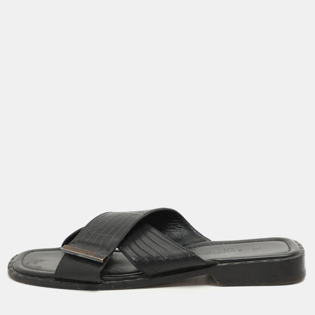 luxury-men-louis-vuitton-used-shoes-p1158362-008 Louis Vuitton Black Lizard Leather Criss Cross Flats Size 43.5