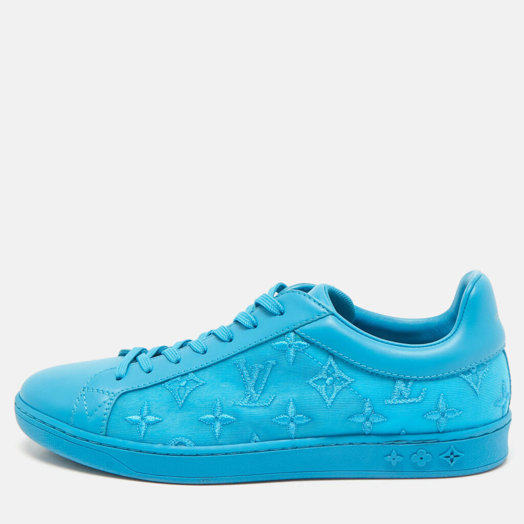 luxury-men-louis-vuitton-used-shoes-p1161009-010 Louis Vuitton Blue Leather and Monogram Embroidered Mesh Luxembourg Sneakers Size 41