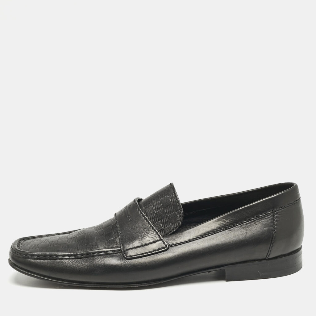 luxury-men-louis-vuitton-used-shoes-p1161276-003.jpg Louis Vuitton Black Leather Damier Embossed Santiago Slip On Loafers Size 44.5