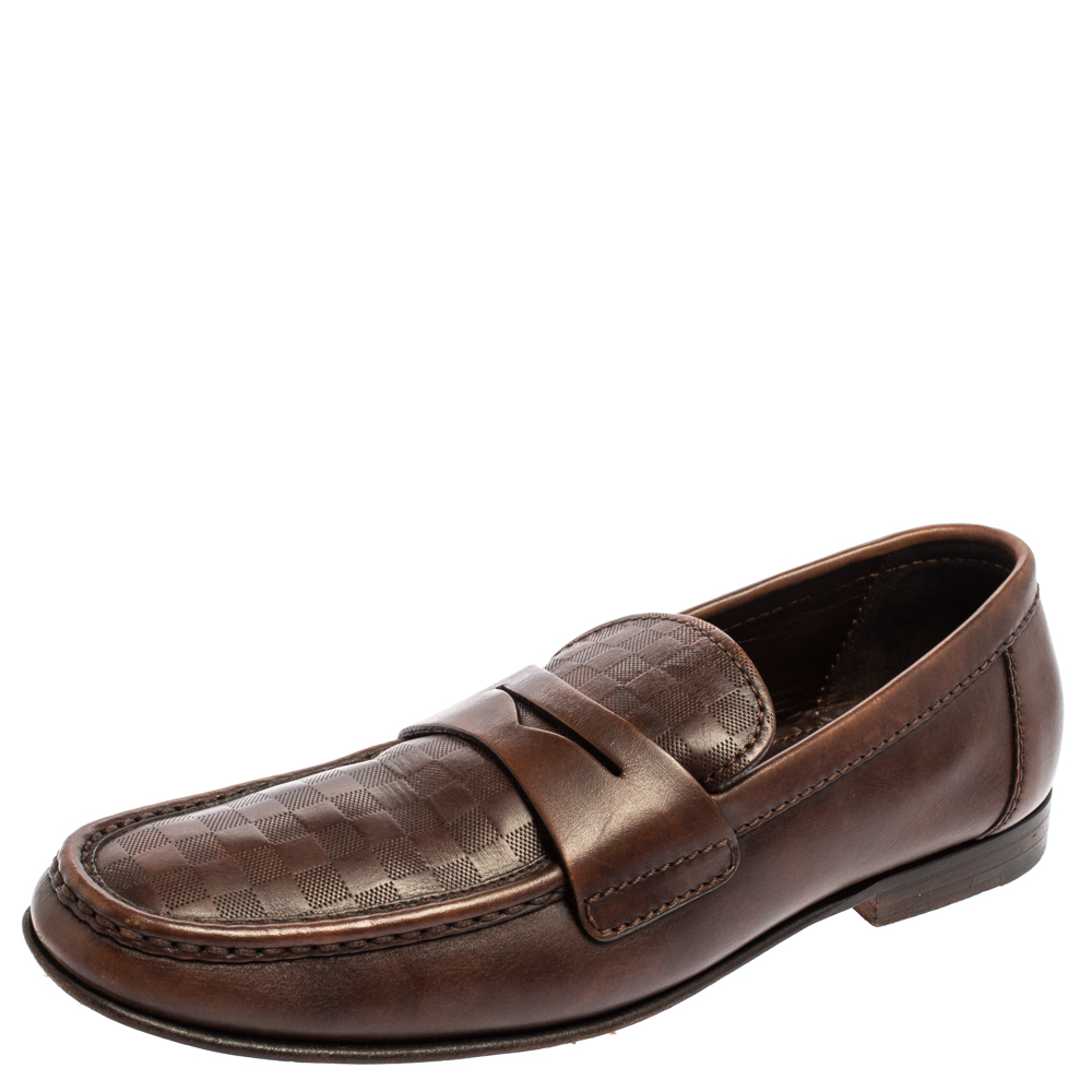 luxury-men-louis-vuitton-used-shoes-p368919-004 Louis Vuitton Brown Damier Embossed Leather Sorbonne Slip On Loafers Size 42