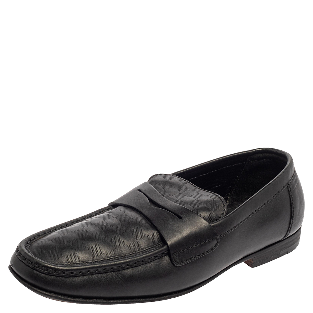 luxury-men-louis-vuitton-used-shoes-p387573-007 Louis Vuitton Black Damier Embossed Santiago Loafers Size 41.5