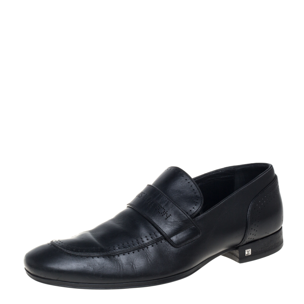luxury-men-louis-vuitton-used-shoes-p387798-006 Louis Vuitton Black Leather Logo Perforated Slip On Loafers Size 40