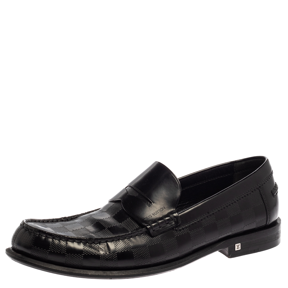 luxury-men-louis-vuitton-used-shoes-p387807-007 Louis Vuitton Black Leather Damier Embossed Santiago Loafers Size 41