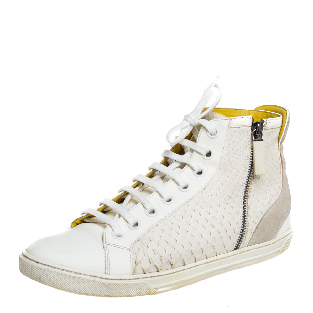 luxury-men-louis-vuitton-used-shoes-p411052-002 Louis Vuitton White/Grey Python And Suede Zip Up High Top Sneakers Size 40