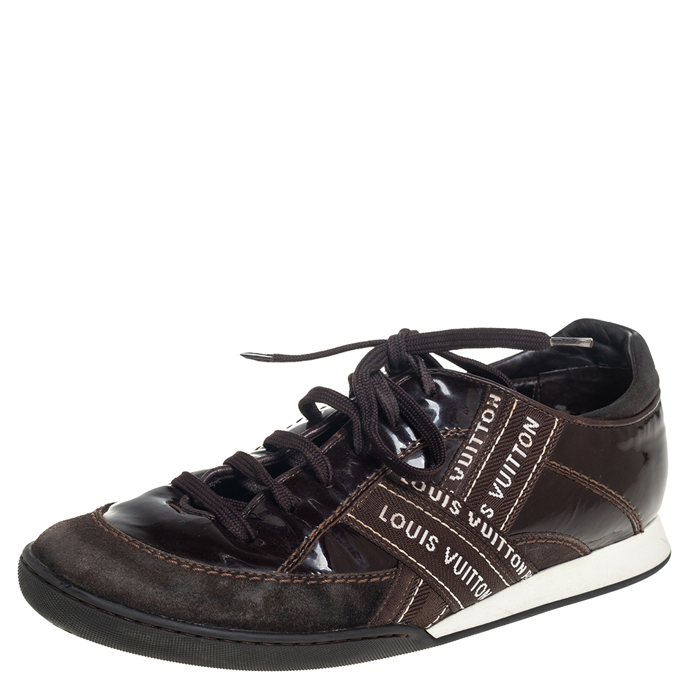 luxury-men-louis-vuitton-used-shoes-p433840-003 Louis Vuitton Brown Suede And Patent Leather Low Top Sneaker Size 39