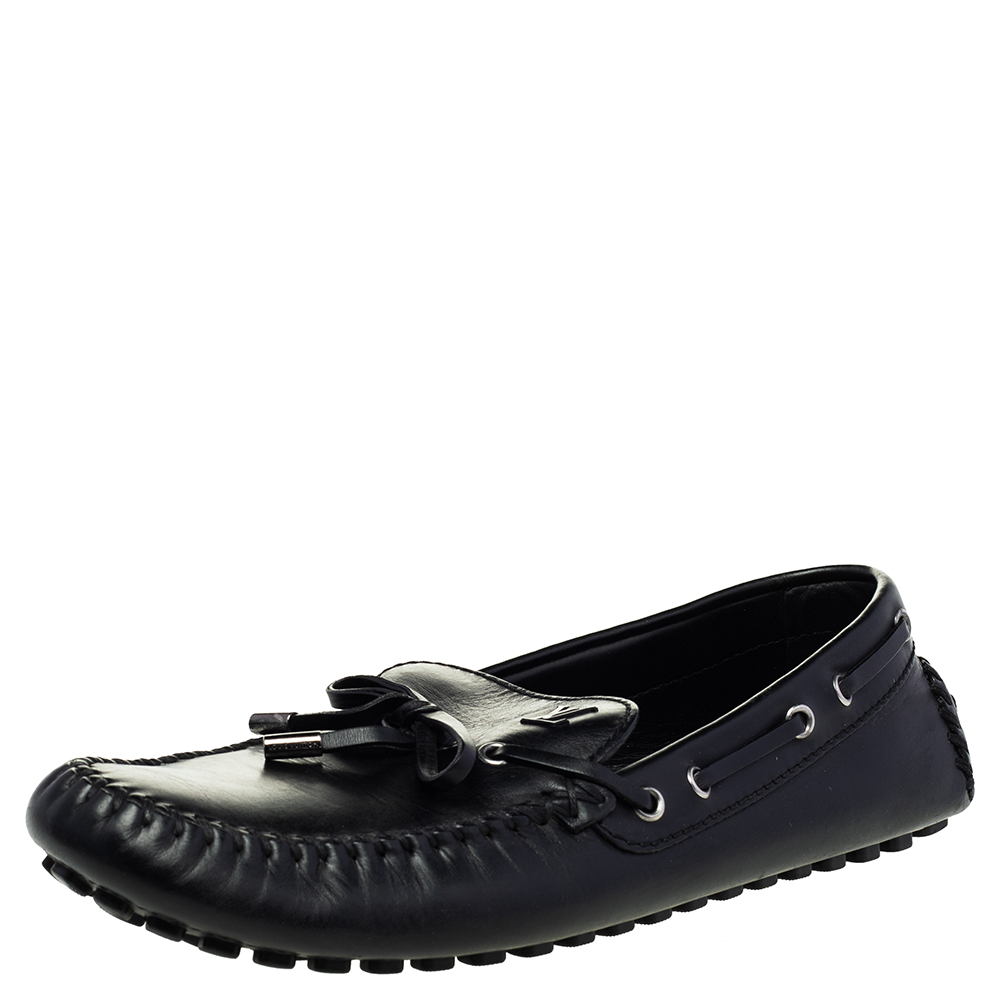 luxury-men-louis-vuitton-used-shoes-p471808-004 Louis Vuitton Black Leather Bow Slip On Loafers Size 43.5