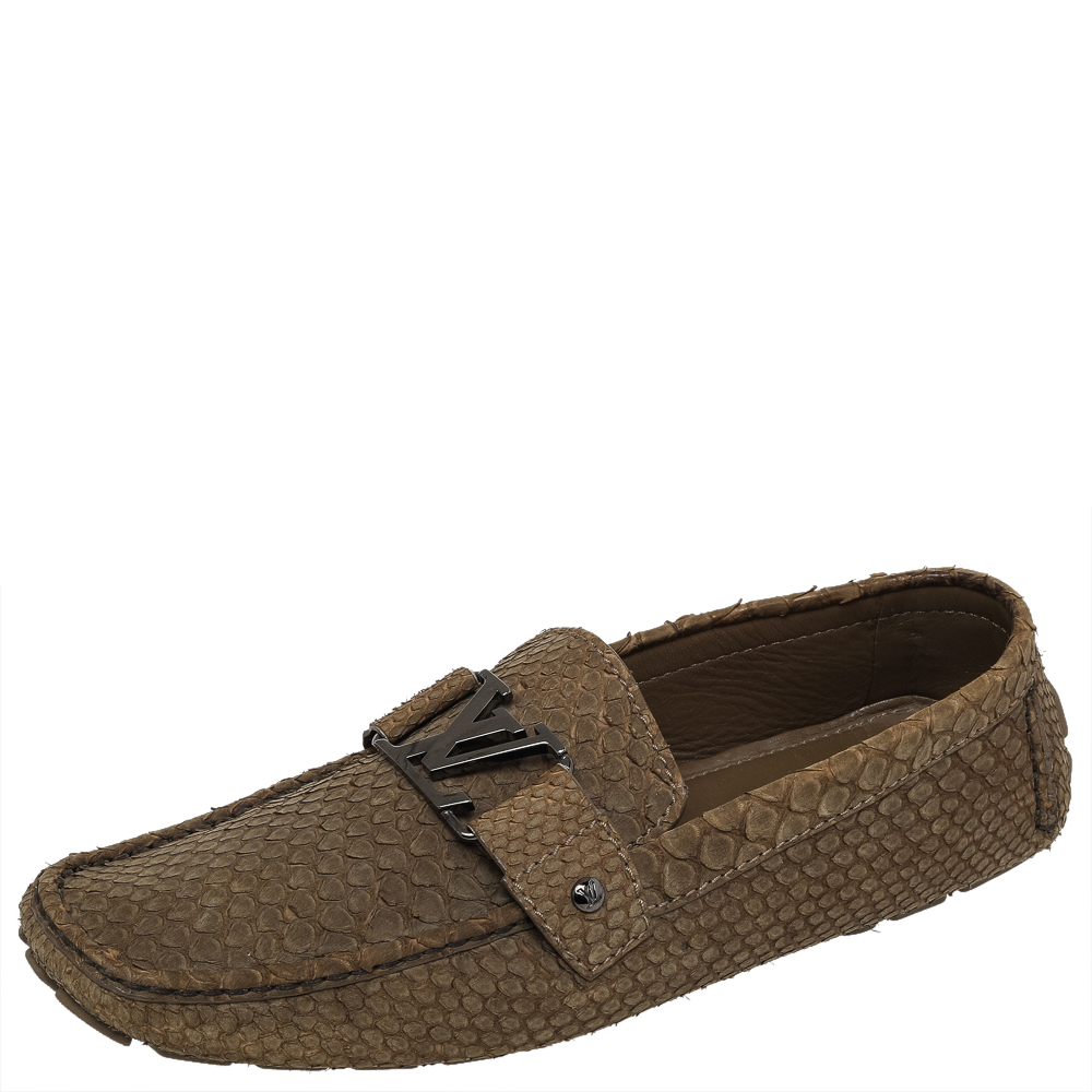 luxury-men-louis-vuitton-used-shoes-p479097-003 Louis Vuitton Olive Green Python Monte Carlo Slip On Loafers Size 44