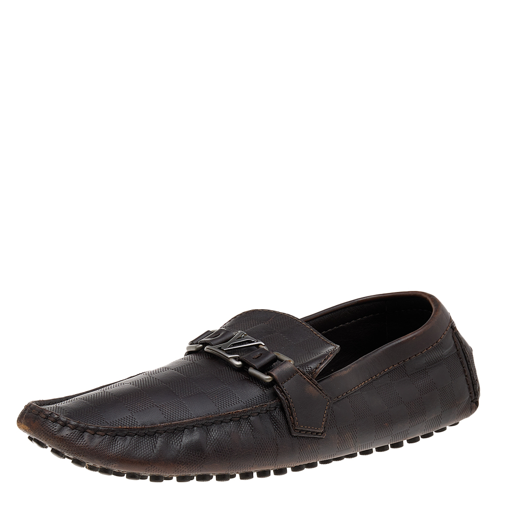 Louis Vuitton Dark Brown Damier Embossed Leather Hockenheim Slip On Loafers Size 43.5