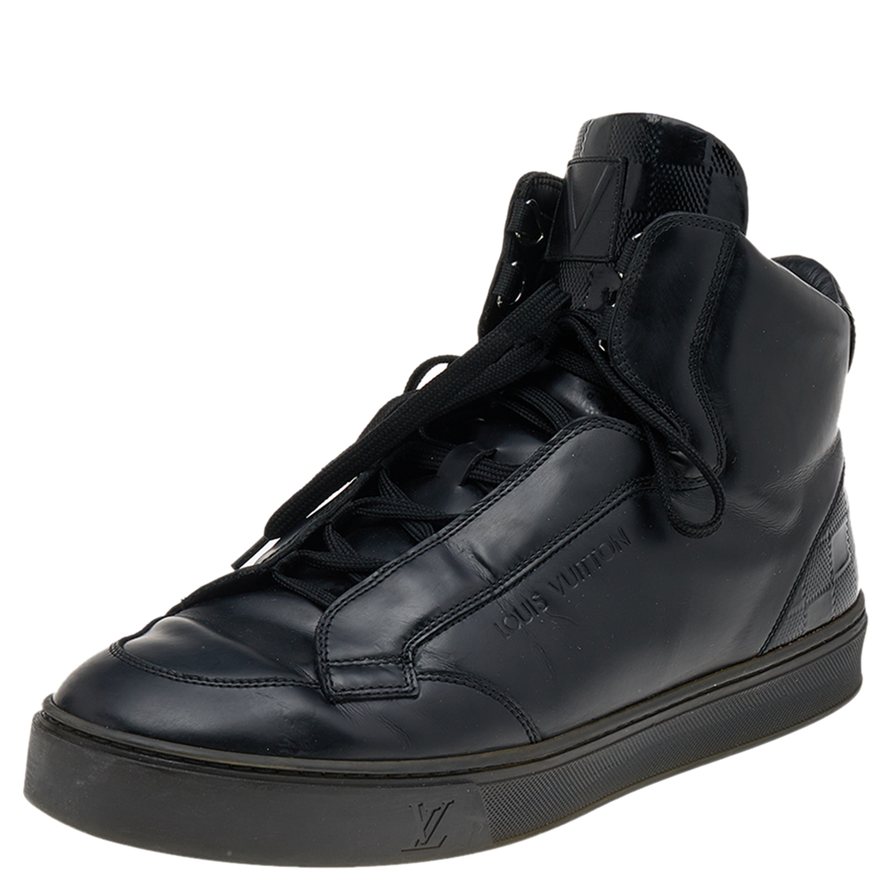 luxury-men-louis-vuitton-used-shoes-p569284-001-1 Louis Vuitton Black Leather And Damier Patent Leather High Top Sneakers Size 40.5