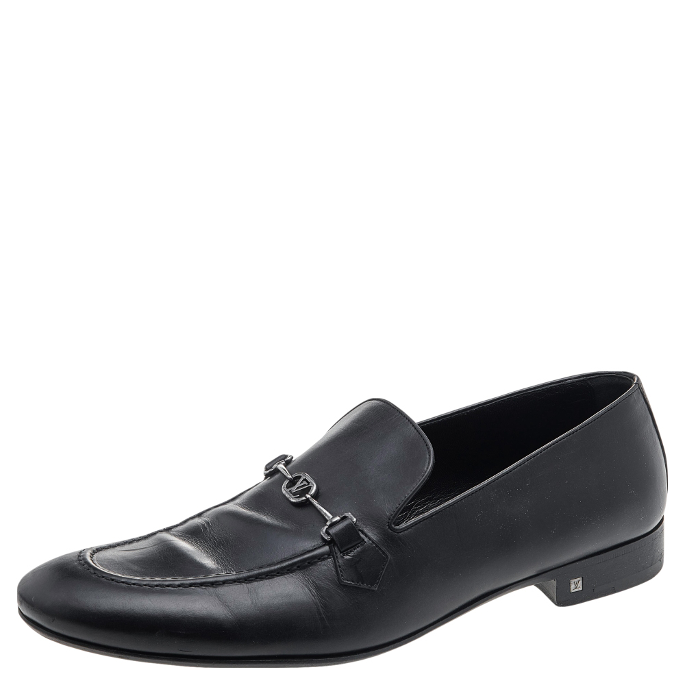luxury-men-louis-vuitton-used-shoes-p596894-004-2 Louis Vuitton Black Leather Slip on Loafers Size 45