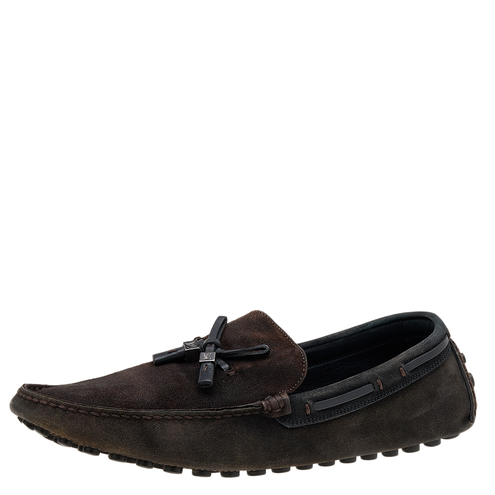 luxury-men-louis-vuitton-used-shoes-p610652-006-2 Louis Vuitton Dark Brown/Black Suede And Leather Logo Bow Slip On Loafers Size 43