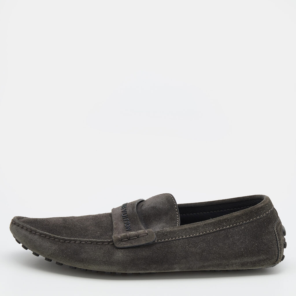 luxury-men-louis-vuitton-used-shoes-p712954-002-1 Louis Vuitton Dark Grey Suede Slip On Loafers Size 43