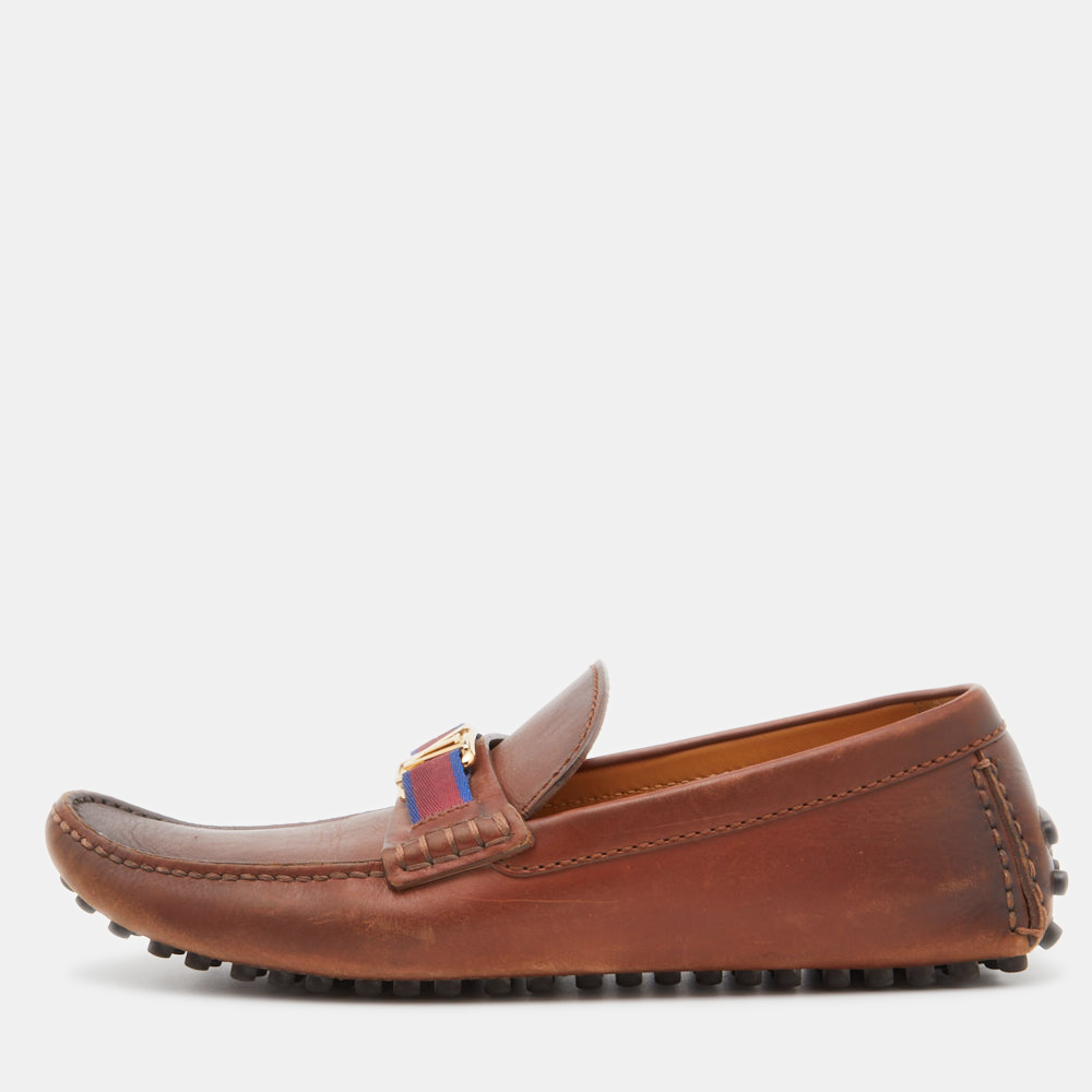 luxury-men-louis-vuitton-used-shoes-p801691-005 Louis Vuitton Brown Leather Hockenheim Slip On Loafers Size 41