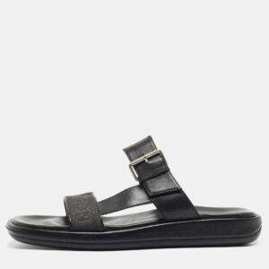 Louis Vuitton Black Leather and Logo Canvas Slide Sandals Size 44.5