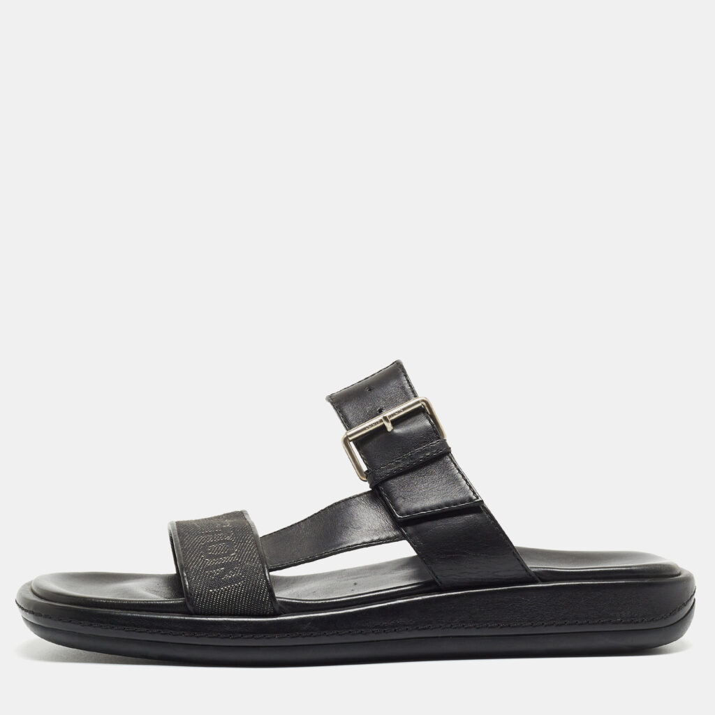 Louis Vuitton Black Leather and Logo Canvas Slide Sandals Size 44.5