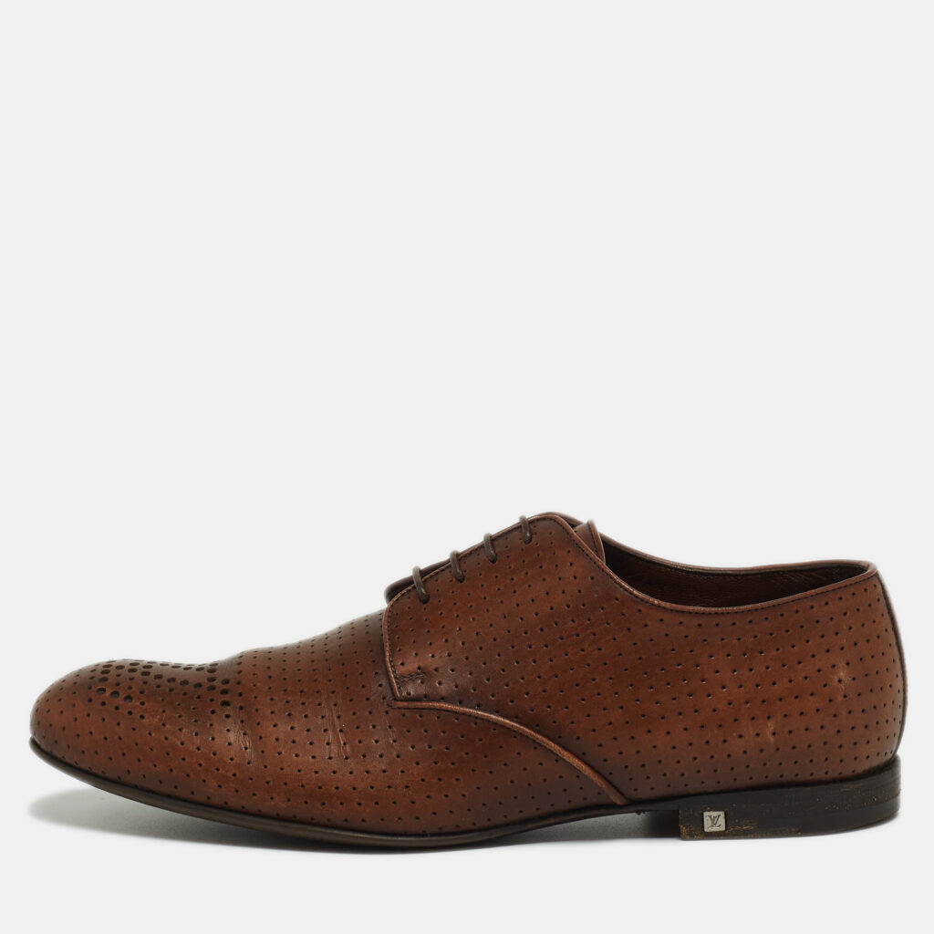 luxury-men-louis-vuitton-used-shoes-p877787-001 Louis Vuitton Brown Perforated Leather Lace Up Derby Size 40