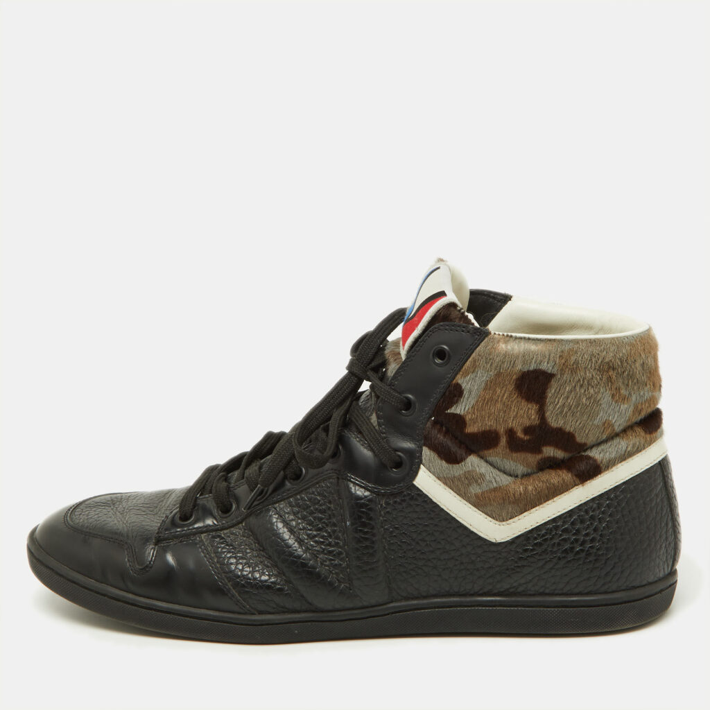 luxury-men-louis-vuitton-used-shoes-p932905-001 Louis Vuitton Black Leather and Calfhair Trainer High Top Sneakers Size 43
