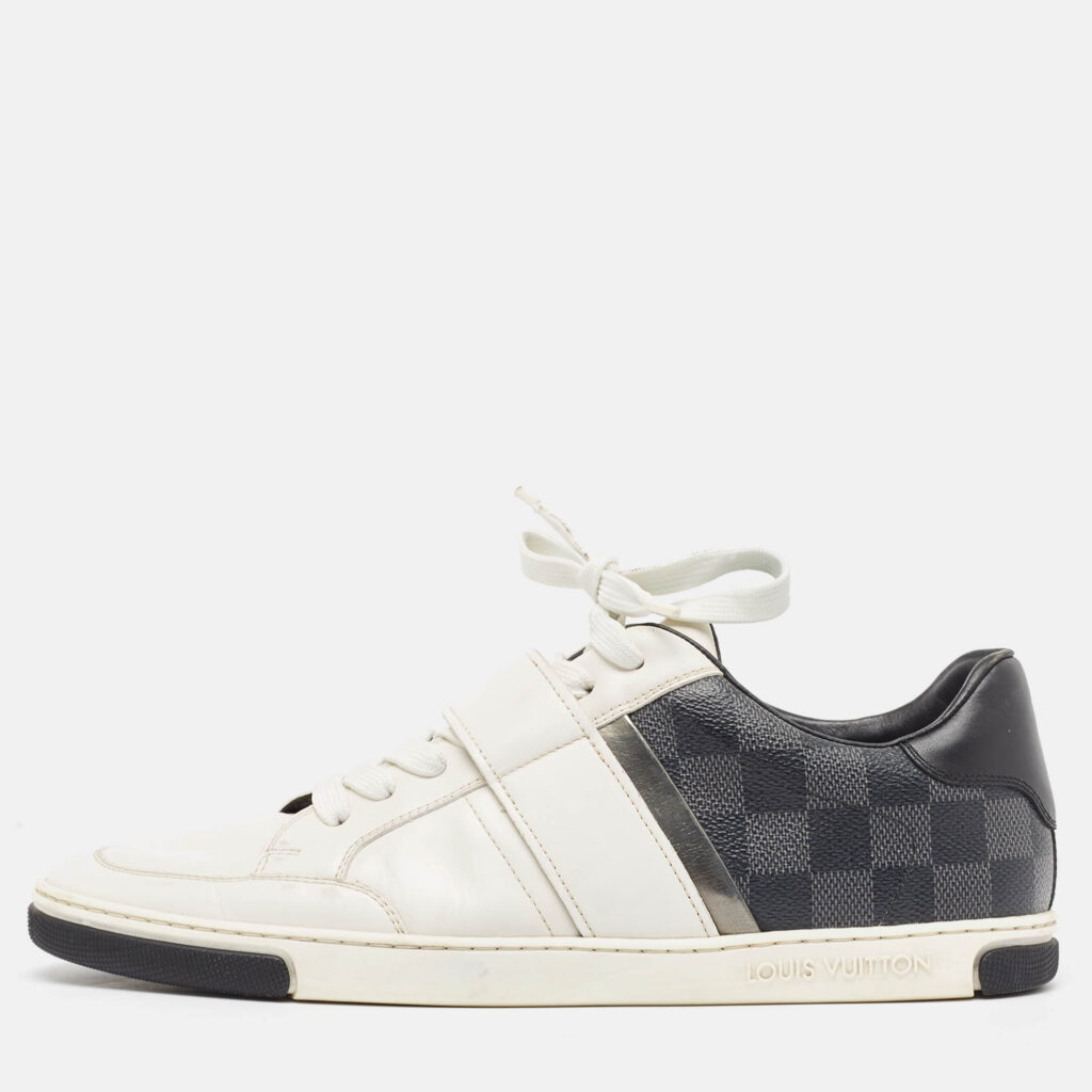 luxury-men-louis-vuitton-used-shoes-p979233-010 Louis Vuitton White Leather and Damier Graphite Canvas Low Top Sneakers Size 40.5