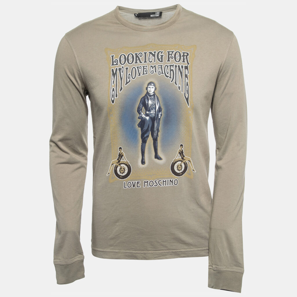 luxury-men-love-moschino-used-clothes-p855052-002 Love Moschino Khaki Green Graphic Print Cotton Long Sleeve T-Shirt M