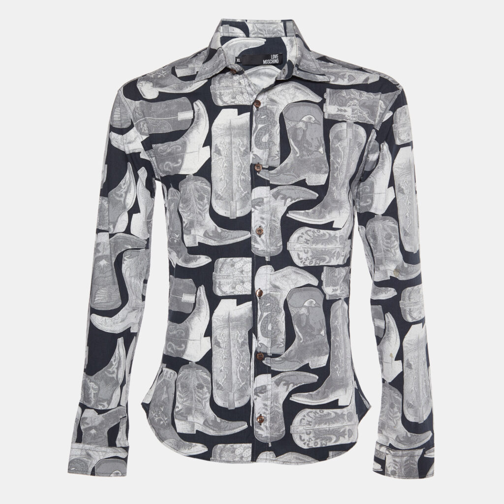 Love Moschino Grey Boots Print Poplin Shirt XL