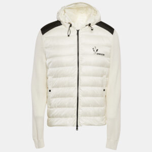 Moncler White Logo Print Cotton Knit and Quilted Nylon Down Jacket L