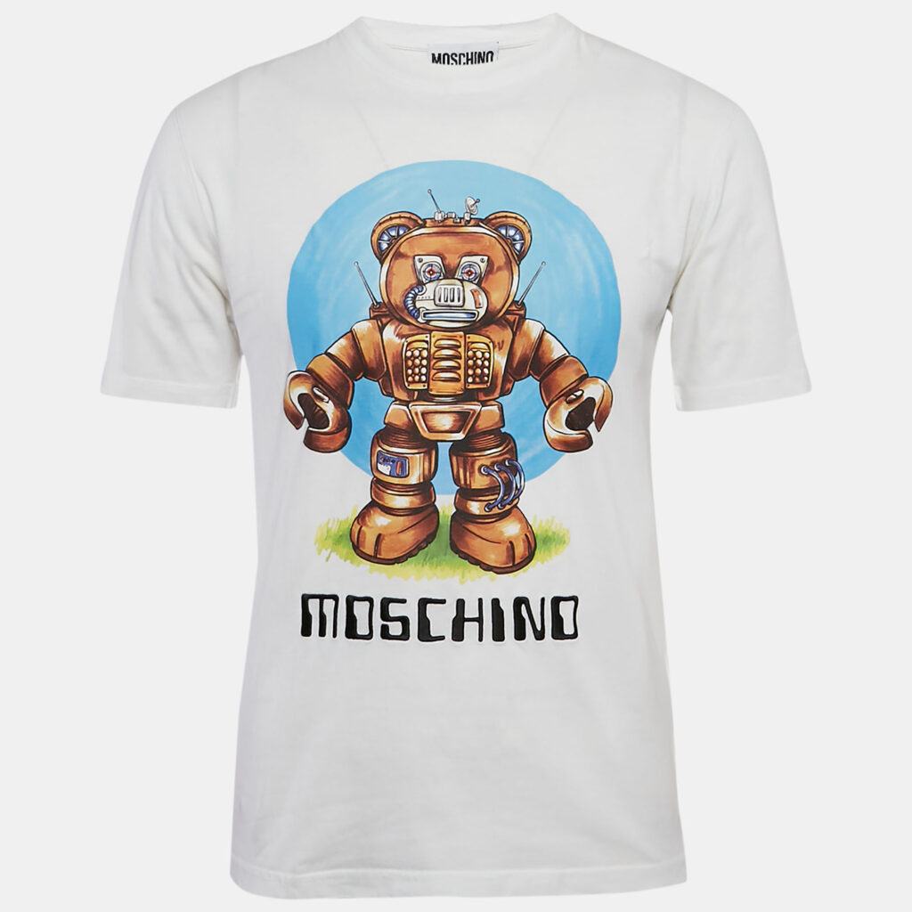 luxury-men-moschino-couture-used-clothes-p1107163-004 Moschino Couture White Robot Teddy Print Cotton Crew Neck T-Shirt S