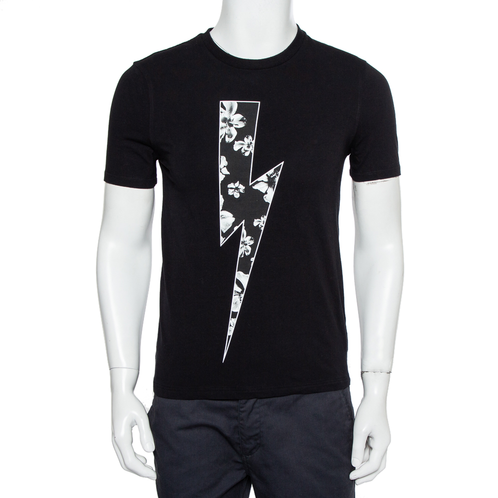 luxury-men-neil-barrett-used-clothes-p447095-002 Neil Barrett Black Floral Bolt Printed Crewneck T-Shirt S