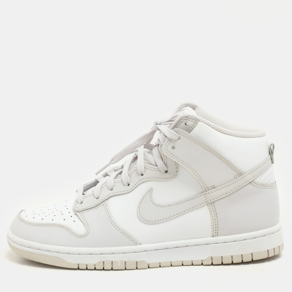 luxury-men-nike-used-shoes-p1145005-007 Nike White/ Vast Grey Leather Dunk Retro High Sneakers Size 42