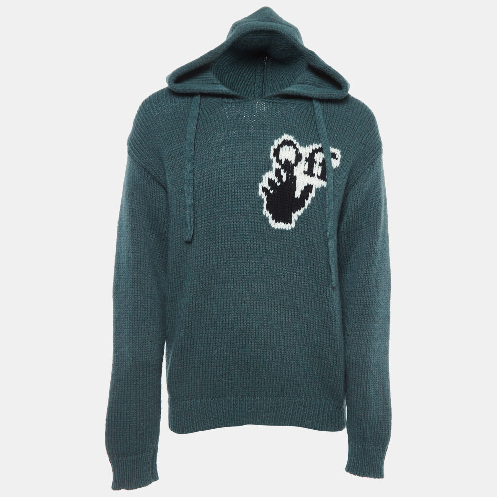 luxury-men-off-white-used-clothes-p921912-004 Off-White Green Logo Intarsia Wool Blend Knit Hoodie M