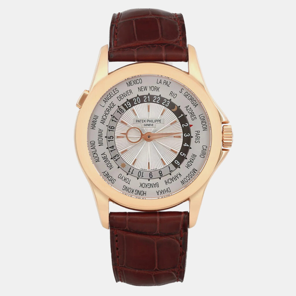 luxury-men-patek-philippe-used-watches-p1160769-001 Patek Philippe Silver 18k Rose Gold World Time 5130R-001 Automatic Men's Wristwatch 39.5 mm