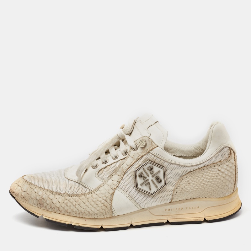 luxury-men-philipp-plein-used-shoes-p1079246-1732940409-004 Philipp Plein Cream Python Embossed and Leather Lace Up Sneakers Size 45