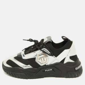 Philipp Plein Black/Silver Patent Leather and Knit Fabric Low top Sneakers Size 43