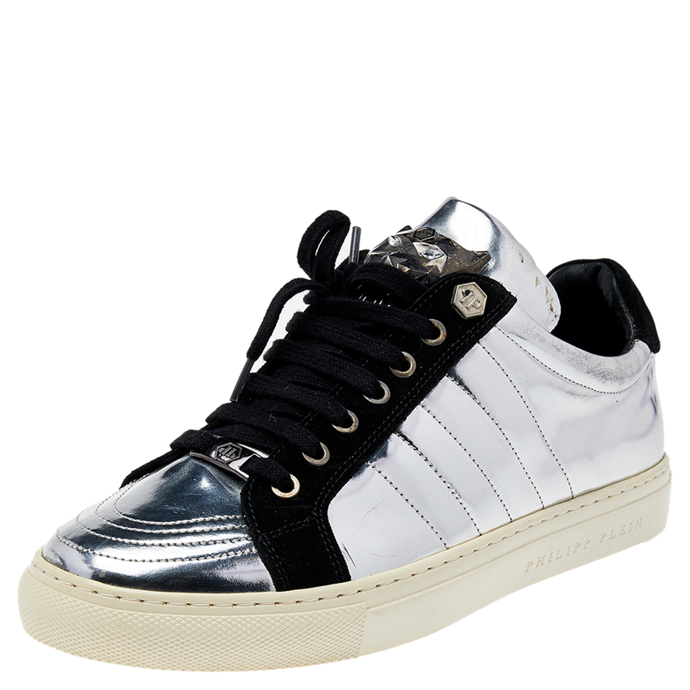 luxury-men-philipp-plein-used-shoes-p500077-005 Philipp Plein Silver /Black Leather And Suede Low Top Sneakers Size 41
