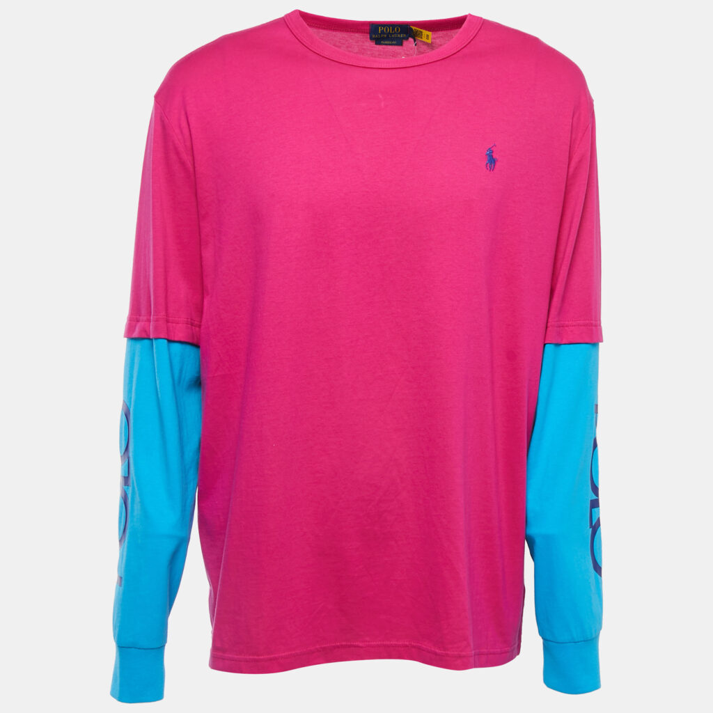 luxury-men-polo-ralph-lauren-new-clothes-p864350-001 Polo Ralph Lauren Pink/Blue Logo Embroidered Cotton Crew Neck Long Sleeve T-Shirt L