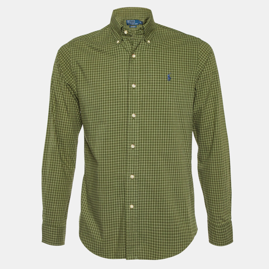 luxury-men-polo-ralph-lauren-used-clothes-p1033474-008 Polo Ralph Lauren Green Checked Cotton Custom Fit Button Down Shirt S