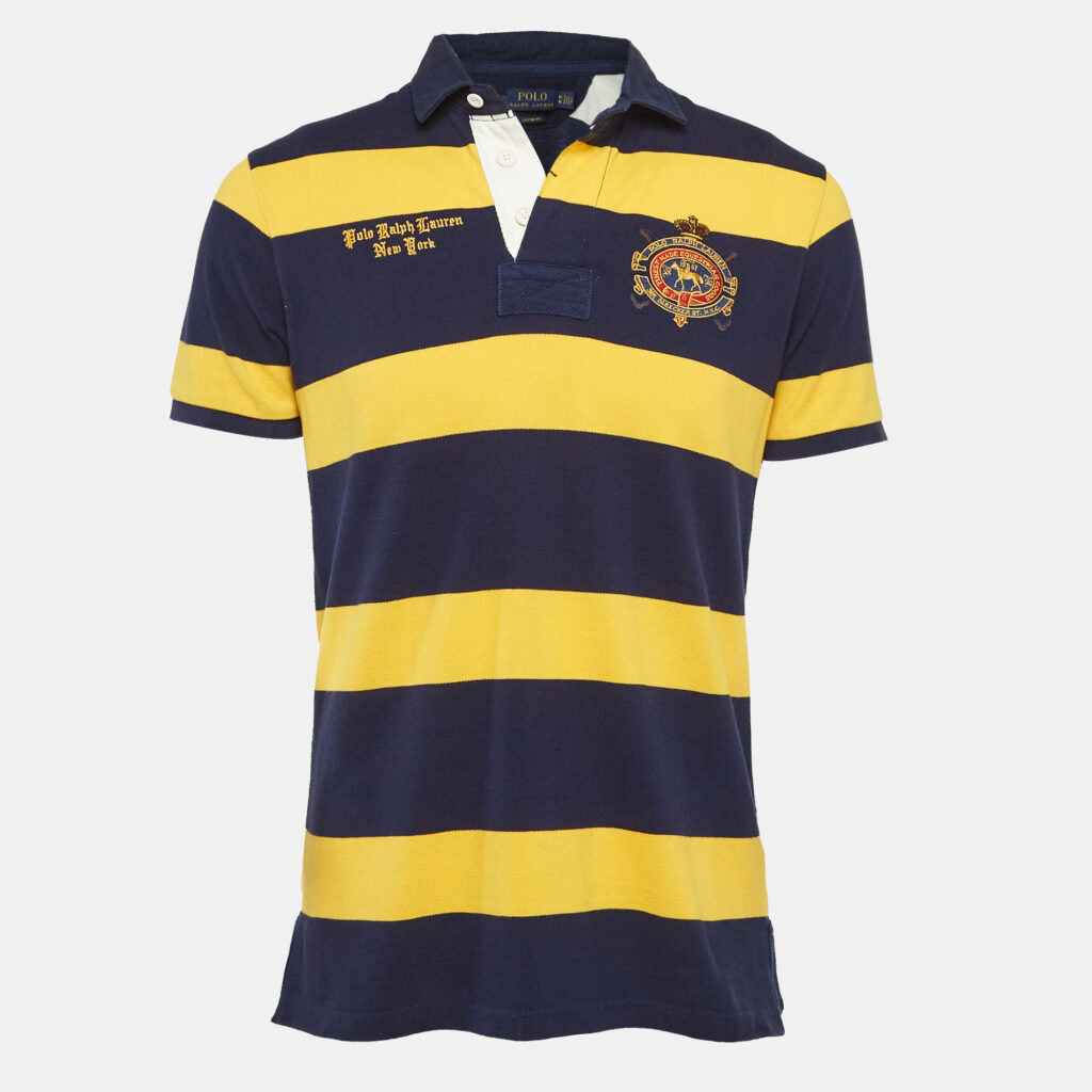 Polo Ralph Lauren Blue/Yellow Striped Pique Cotton Polo T-Shirt M