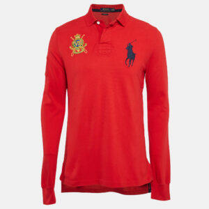 Polo Ralph Lauren Red Embroidered Pique Cotton Long Sleeve Polo T-Shirt M