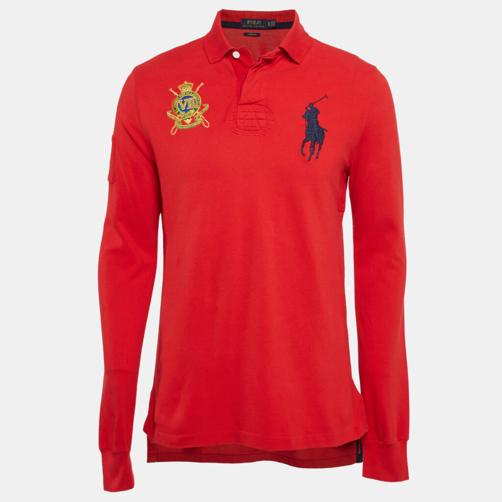 Polo Ralph Lauren Red Embroidered Pique Cotton Long Sleeve Polo T-Shirt M