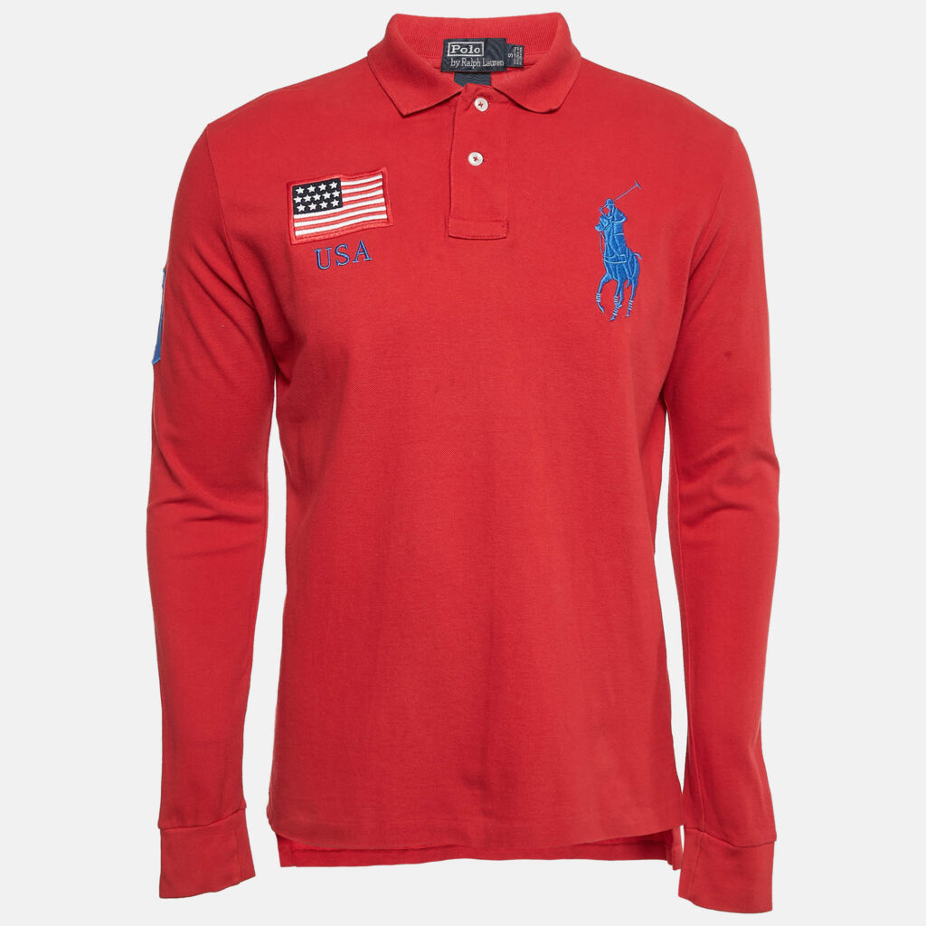 luxury-men-polo-ralph-lauren-used-clothes-p1094119-001 Polo Ralph Lauren Vintage Red Embroidered Cotton Custom Fit Polo T-Shirt S