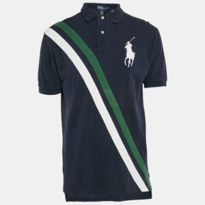 Polo Ralph Lauren Navy Blue Diagonal Stripe Pique Cotton Polo T-Shirt M