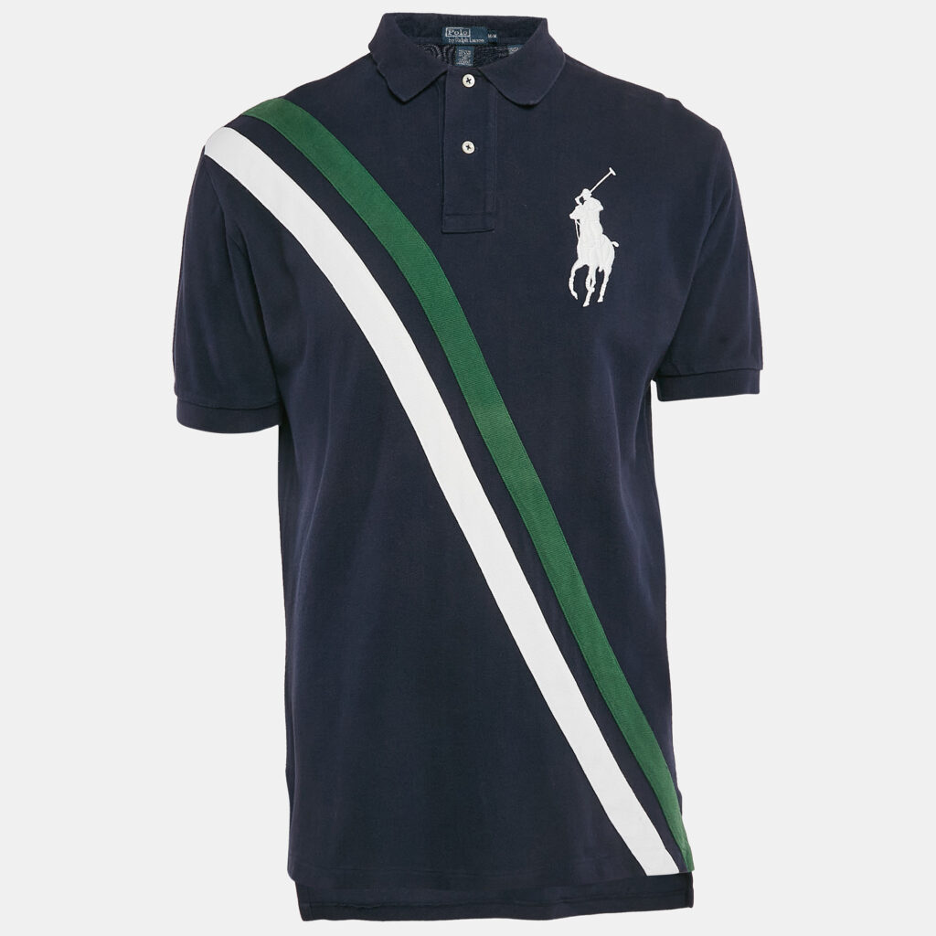 luxury-men-polo-ralph-lauren-used-clothes-p1102265-001 Polo Ralph Lauren Navy Blue Diagonal Stripe Pique Cotton Polo T-Shirt M