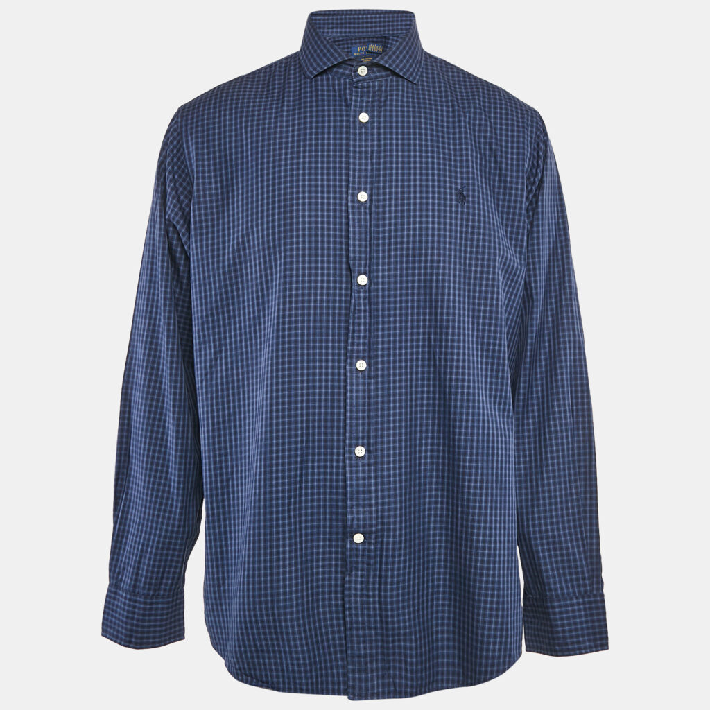 luxury-men-polo-ralph-lauren-used-clothes-p1107070-009 Polo Ralph Lauren Navy Blue Plaid Cotton Button Front Shirt XL