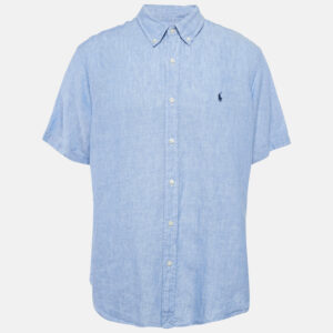 Polo Ralph Lauren Blue Linen Half Sleeve Button Down Classic Fit Shirt XXL