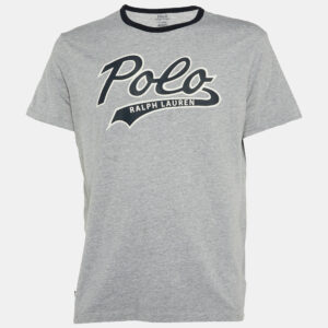Polo Ralph Lauren Grey/Navy Blue Logo Print Cotton Crew Neck T-Shirt L